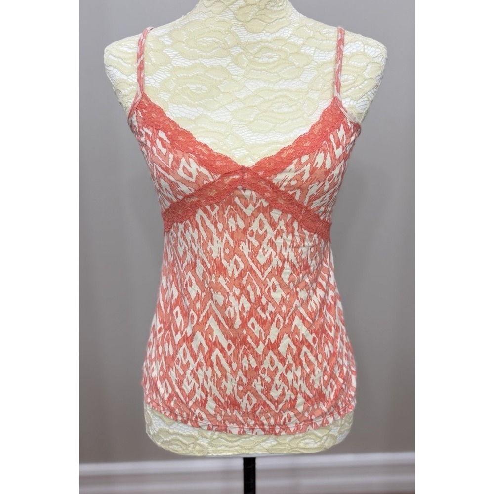 Womens Medium Coral Ikat Lace Trim Cami Adjustable Strap Tank Top Y2K Fitted